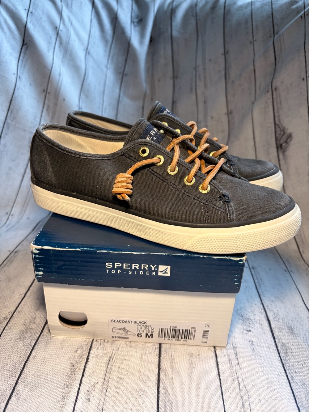 Sperry Black Canvas Low-Top Sneakers with Tan Laces